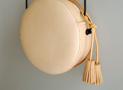 Cute Leather Beige Womens Small Round Crossbody Purse Circle Shoulder Bag for Women