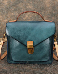 Vintage Green Leather Womens Square Satchel Shoulder Bags School Crossbody Purse for Women