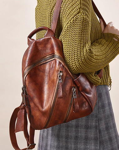 Vintage Brown Leather Rucksack Womens Best School Backpack Ladies Leather Backpack Purses