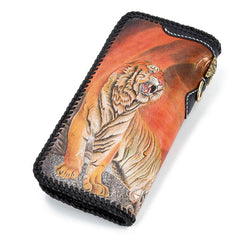 Handmade Leather Tooled Chinese Dragon Tiger Mens Chain Biker Wallet Cool Leather Wallet Long Clutch Wallets for Men