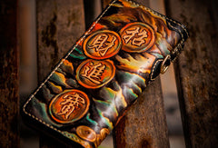 Handmade leather mythical wild animal biker wallet long wallet black leather men phone