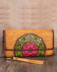 Vintage Floral Green Leather Wristlet Wallet Womens Floral Shoulder Wallet Purse Zip Purse Chain Shoulder Bag for Women