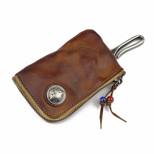 Vintage Brown Leather Men's Car Key Wallet Black Zipper Key Wallet For