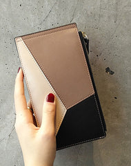 Cute Womens Patchwork Black Leather Card Wallet Card Clutch Wallet Zip Card Holder Wallet for Women
