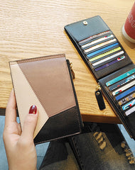 Cute Womens Patchwork Black Leather Card Wallets Card Clutch Wallet Zip Card Holder Wallet for Women