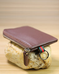 Slim Women Dark Coffee Leather Mini Zip Wallet with Keychain Billfold Minimalist Coin Wallet Small Zip Change Wallet For Women