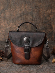 Vintage Leather Womens Bucket Shoulder Bag Handmade Barrel Crossbody Purse for Ladies