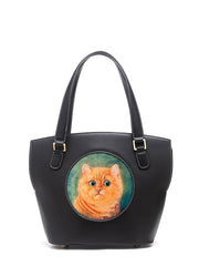 Handmade Womens Black Leather Tote Handbag Purse Ginger Cat Tote Bag for Women