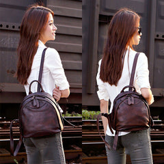 Classic Coffee Leather Small Rucksack Womens Compact Leather Backpack Ladies Backpack Purse