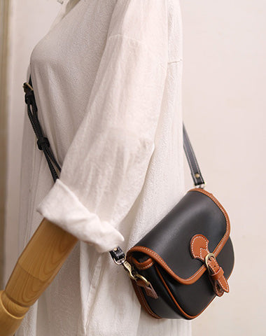 Cute Saddle Black LEATHER Side Bag White WOMEN Contrast Color Saddle SHOULDER BAG Small Crossbody Purse FOR WOMEN