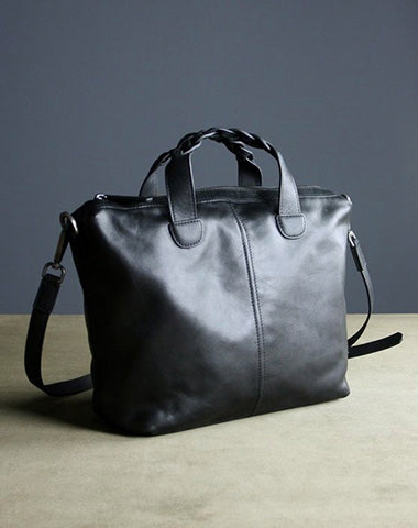 Womens Black Leather Work Handbag Purse Unique Leather Work Shoulder Purse for Ladies