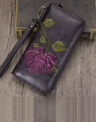 Vintage Rose Flower Purple Leather Wristlet Wallet Womens Rose Zip Around Wallets Flower Ladies Zipper Clutch Wallet for Women