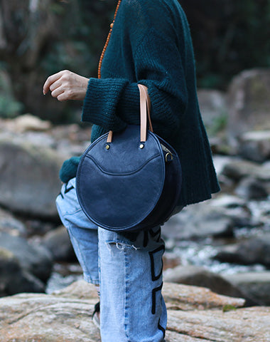 Vintage Womens Blue Leather Round Handbag Purses Green Round Shoulder Bag Crossbody Purse for Women