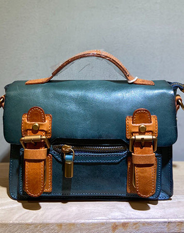 Handmade Small Leather Womens Satchel Shoulder Bags Blue Handbag Crossbody Purse for Ladies