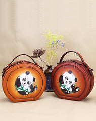 Cutest Women Coffee Leather Round Handbag Panda Crossbody Purse Vintage Round Shoulder Bags for Women
