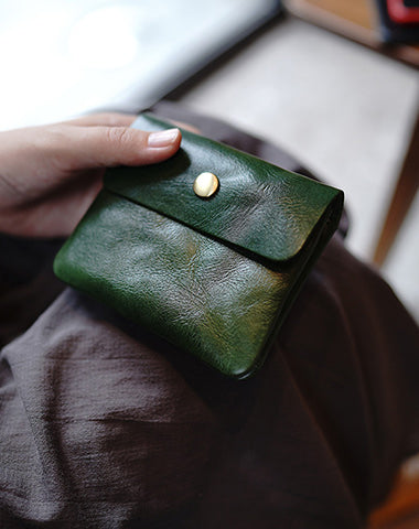 Vintage Womens Green Leather Billfold Wallet Small Wallet with Coin Pocket Mini Envelope Wallet for Ladies