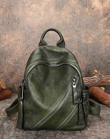 Vintage Green Leather Rucksack Womens Best School Backpack Ladies Leather Backpack Purses