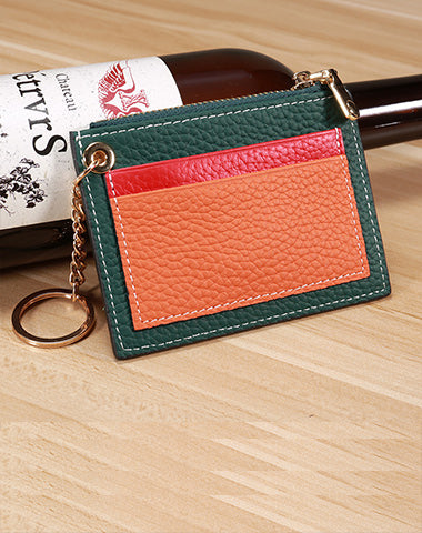Slim Womens Patchwork Green Leather Card Wallets with Keychain Cute Zip Card Holder Wallet for Women