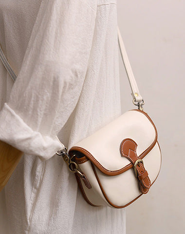 Cute Saddle LEATHER Side Bag White WOMEN Contrast Color Saddle SHOULDER BAG Small Crossbody Purse FOR WOMEN