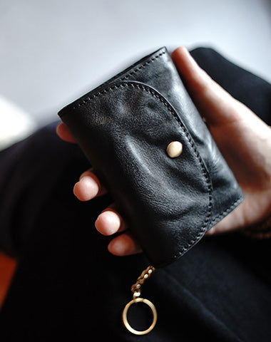 Cute Women Black Leather Mini Wallet with Keychain Billfold Minimalist Coin Wallet Small Zip Change Wallet For Women