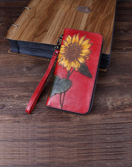 Handmade Sunflower Brown Leather Wristlet Wallet Womens Zip Around Wallets Sunflower Ladies Zipper Clutch Wallet for Women