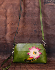 Womens Lotus Flower Green Leather Wristlet Wallets Shoulder Bag Small Crossbody Bag for Women
