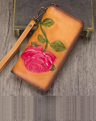 Vintage Rose Flower Green Leather Wristlet Wallet Womens Rose Zip Around Wallets Flower Ladies Zipper Clutch Wallet for Women