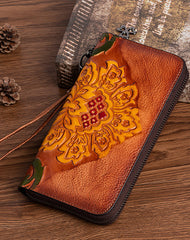 Vintage SunFlower Leather Wristlet Wallet Womens Flower Zip Around Wallets Flowers Ladies Zipper Clutch Wallet for Women