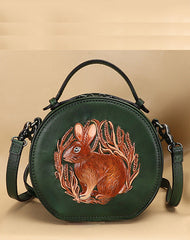 Cutest Womens Green Leather Round Handbag Bunny Crossbody Purse Vintage Round Shoulder Bags for Women