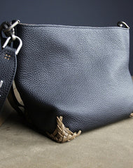 Dark Blue Womens Leather Bucket Shoulder Purse Womens Barrel Leather Handbag Shoulder Bag for Ladies