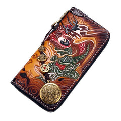 Handmade Leather Buddha&Demon Mens Tooled Chain Biker Wallet Cool Leather Long Wallet With Chain Wallets for Men