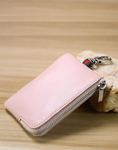 Slim Women Pink Leather Zip Wallet with Keychains Minimalist Coin Wallet Small Zip Change Wallet For Women