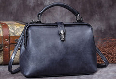 Handmade Dark Blue Leather Handbag Vintage Doctor Bag Shoulder Bag Purse For Women