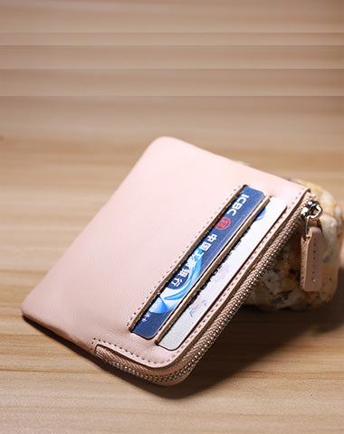 Slim Women Beige Leather Card Wallet Minimalist Zip Billfold Card Holder Wallet Coin Wallet For Women