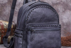 Genuine handmade Leather backpack bag rivet shoulder bag black mens women leather purse