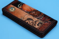 Handmade Leather Chinese Lion Mens Tooled Chain Biker Wallet Cool Long Leather Wallet With Chain Wallets for Men