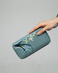 Handmade Embroidery Green Leather Orchids Wristlet Wallet Womens Zip Around Wallets Flowers Orchids Ladies Zipper Clutch Wallet for Women