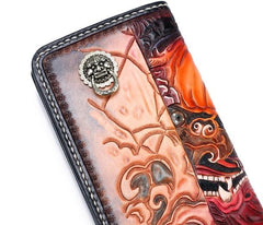 Handmade Leather Chinese Lion Mens Tooled Chain Biker Wallets Cool Long Leather Wallet With Chain Wallets for Men