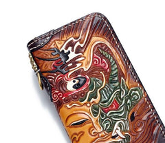 Handmade Leather Buddha&Demon Mens Tooled Chain Biker Wallet Cool Leather Long Wallet With Chain Wallets for Men