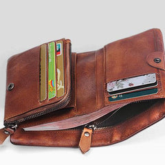 Vintage Mens Cool Small Leather Trifold Wallet Men billfold Zipper Wallets for Men
