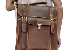 Genuine Leather Mens Cool Messenger Bag Backpack Large Black Travel Bag Hiking Bag For Men