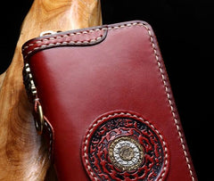 Handmade Leather Mens Chain Biker Wallet Tibetan Cool Leather Wallet Long Phone Wallets for Men