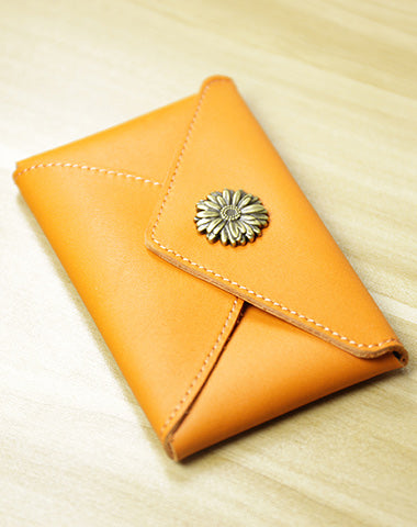 Slim Women Orange Sunflower Leather Card Wallet Minimalist Envelope Card Holder Wallet Coin Wallet For Women