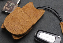 Handmade Car Key Wallet Vintage Leather Wallet Cat Kitty Cute Carved Floral Leather Accessories Gift For Men Women