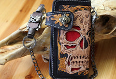 Handmade biker wallet Tooled leather skull chain biker wallet Chain Long wallet for men