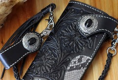 Handmade biker wallet black leather floral carved biker wallet chian bifold Long wallet purse for men