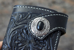 Handmade biker wallet black leather floral carved biker wallet chian bifold Long wallet purse for men
