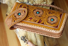 Handmade biker wallet beige yellow carved leather men biker wallet chain bifold Long wallet for men