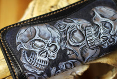Handmade tooled biker wallet leather black blue skull carved chain wallet Long wallet clutch for men