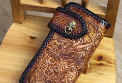 Handmade biker wallet brown leather Skull dragon carved biker wallet bifold Long wallet for men